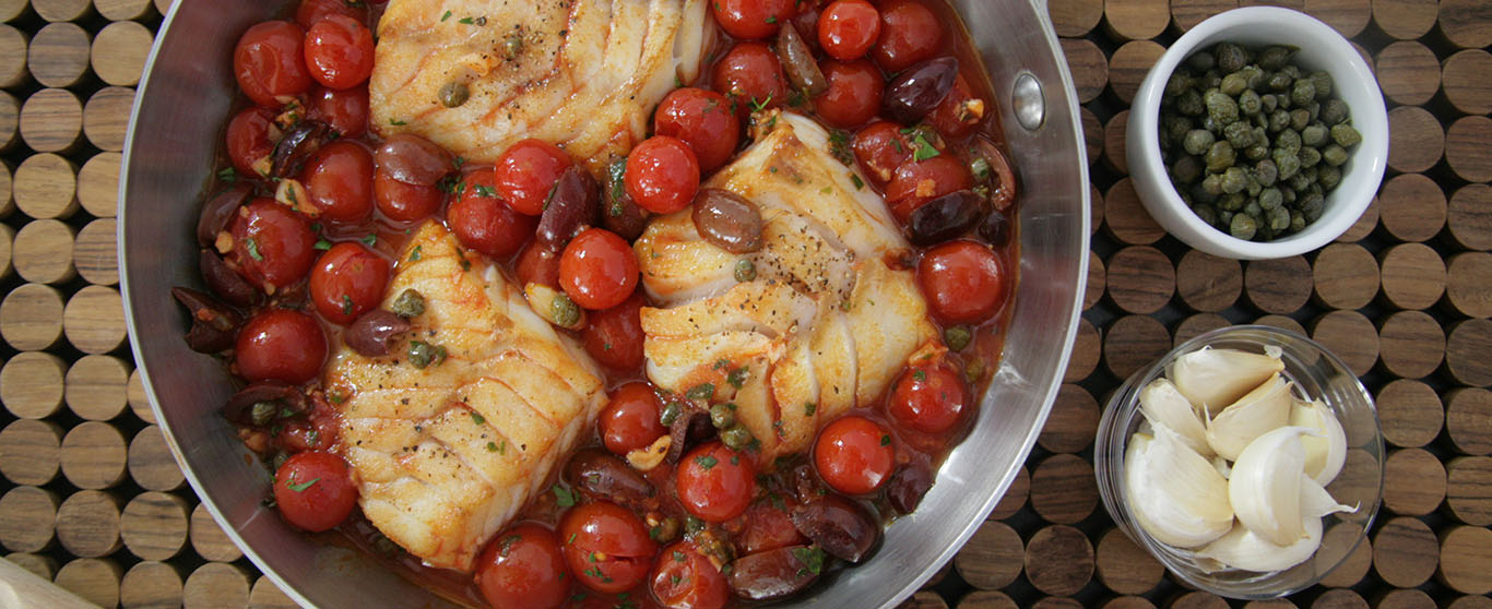 One-Pan Alaskan Cod with Cherry Tomato & Olive Sauce