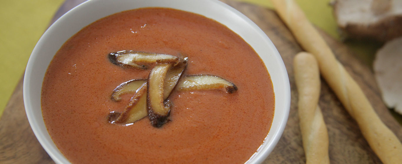 Cream of Tomato Bisque Garnished  with Caramelized Mushrooms