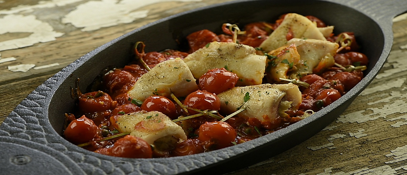 Tilapia Stuffed with Crab in Cherry Tomato and Caper Sauce