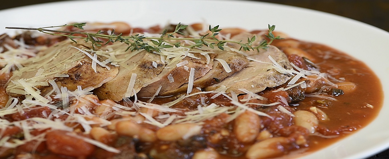 Pork Roast with Tomato, Portobello Mushroom and Cannellini Bean Sauce