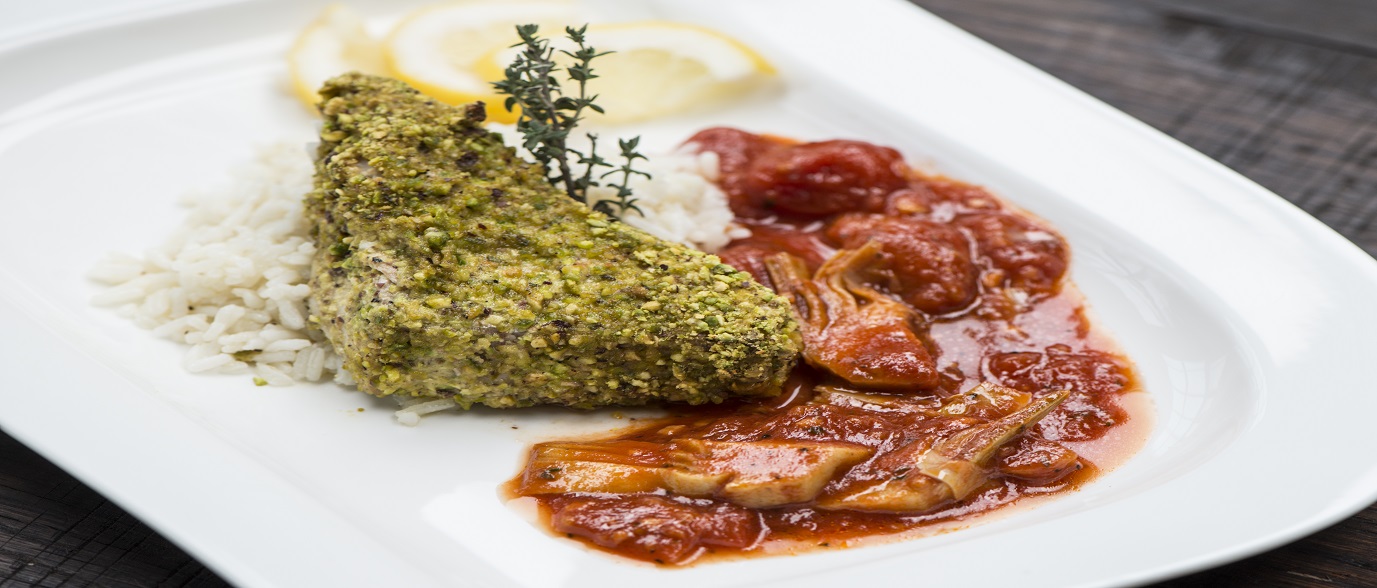 Pistachio Encrusted Halibut with Datterini and Artichoke Sauce Pistachio Encrusted Halibut with Datterini and Artichoke Sauce