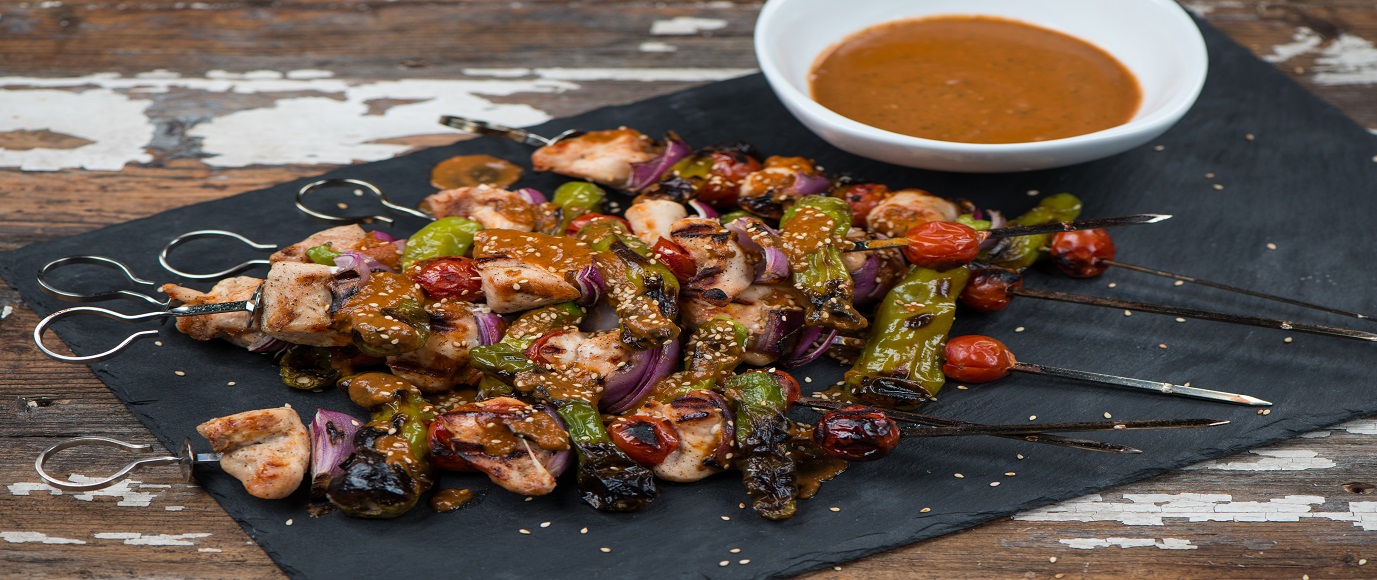 Grilled Chicken Kebabs with Shishito Peppers and Sweet Tomato Basil Vinaigrette