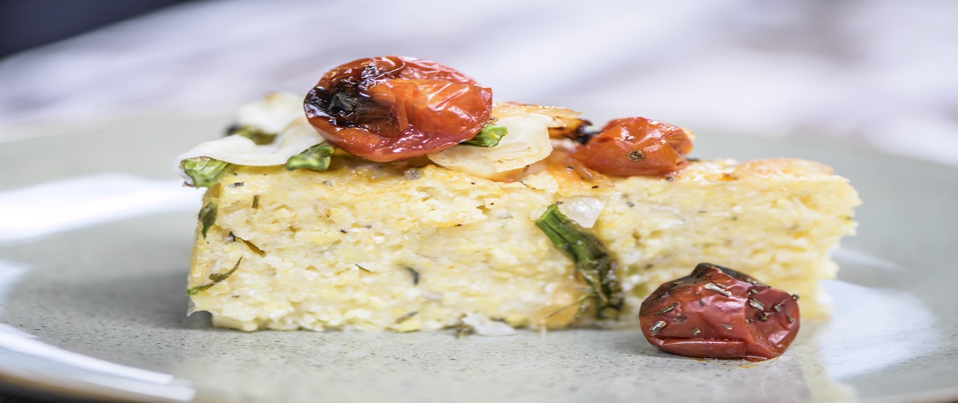 Goat Cheese Polenta Pie with Caramelized Cherry Tomatoes, Onions and Asparagus