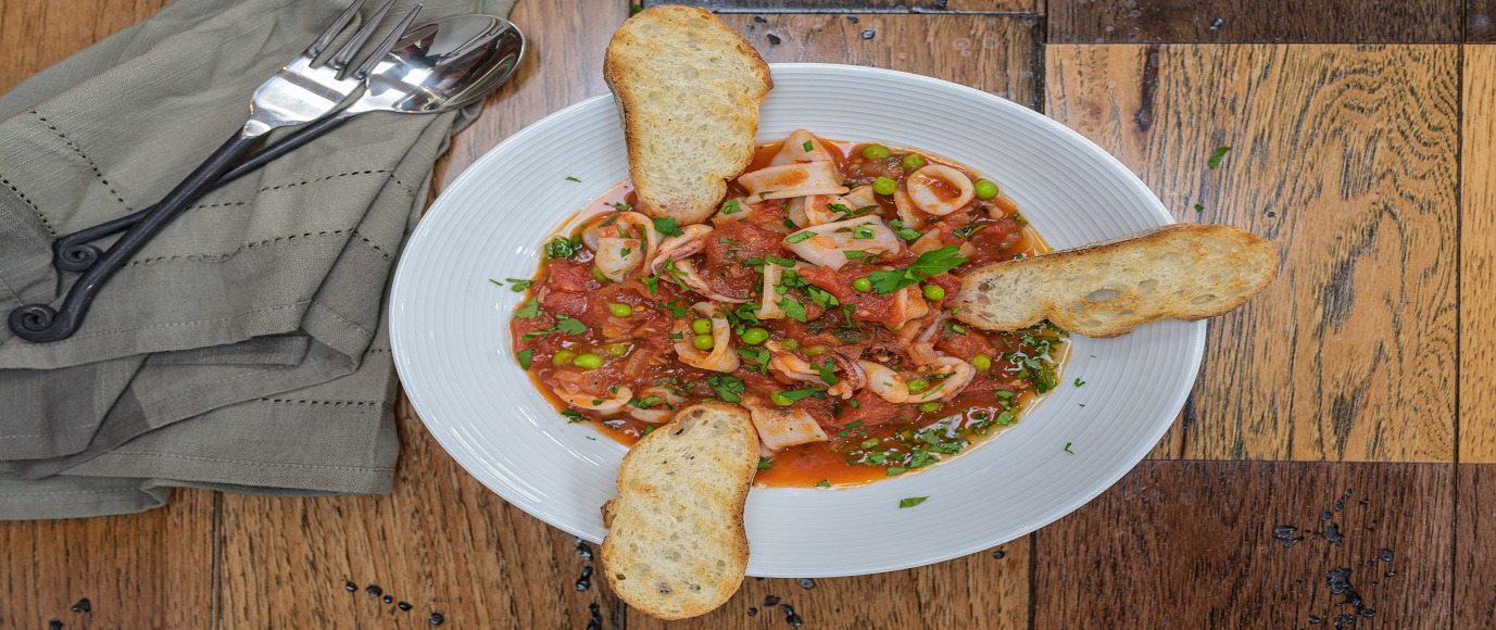 Calamari in Brodetto with Peeled Cherry Tomatoes